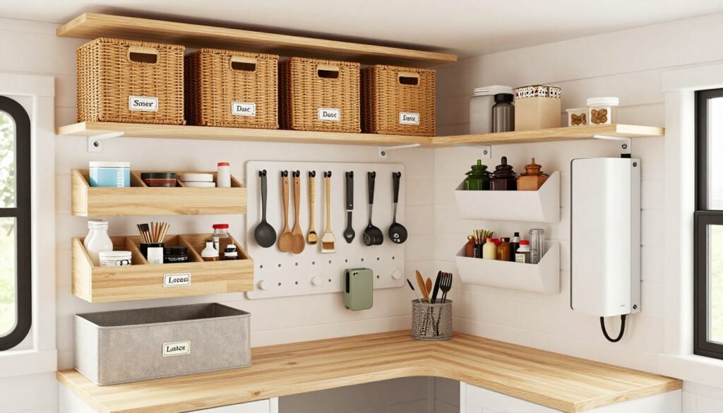 Tiny house workspace with floating shelves, drawer organizers, a wall-mounted pegboard, labelled baskets, and vertical filing storage