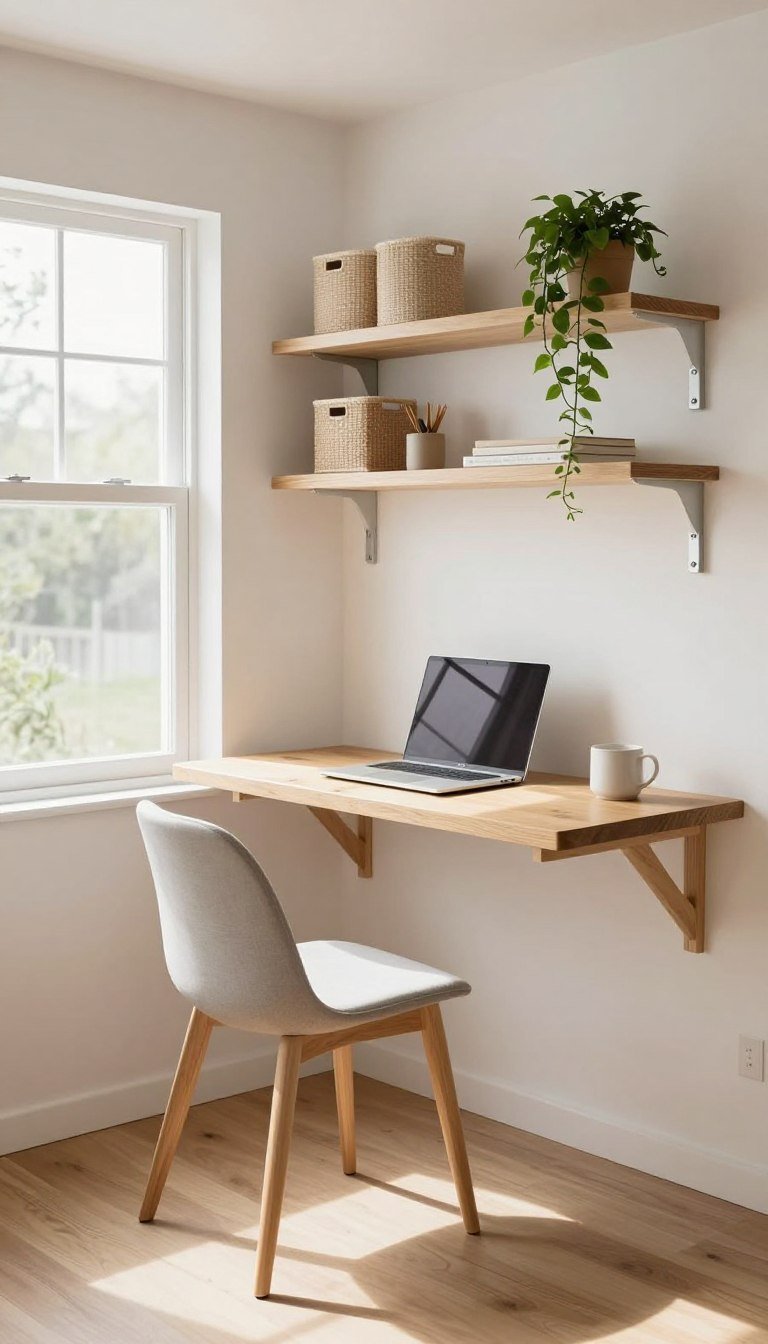 Tiny house workspace with a floating oak desk beside a large window, compact chair, floating shelves, and cozy Scandinavian styling