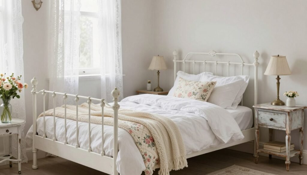 Tiny shabby chic bedroom with a vintage white iron bed, floral bedding, lace curtains, and distressed bedside tables