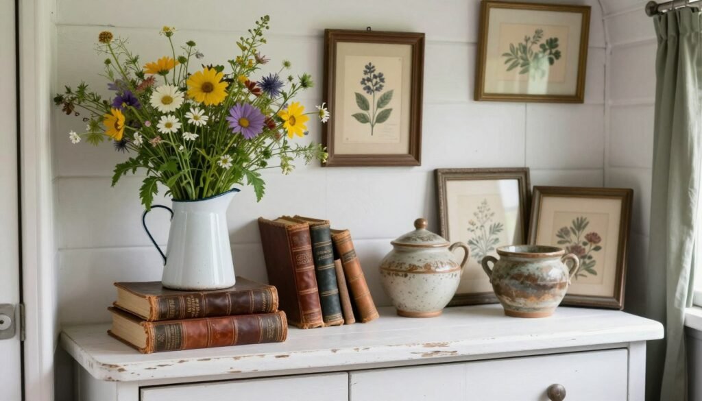 Tiny shabby chic home decorated with fresh flowers, antique books, vintage pottery, and weathered wooden furniture