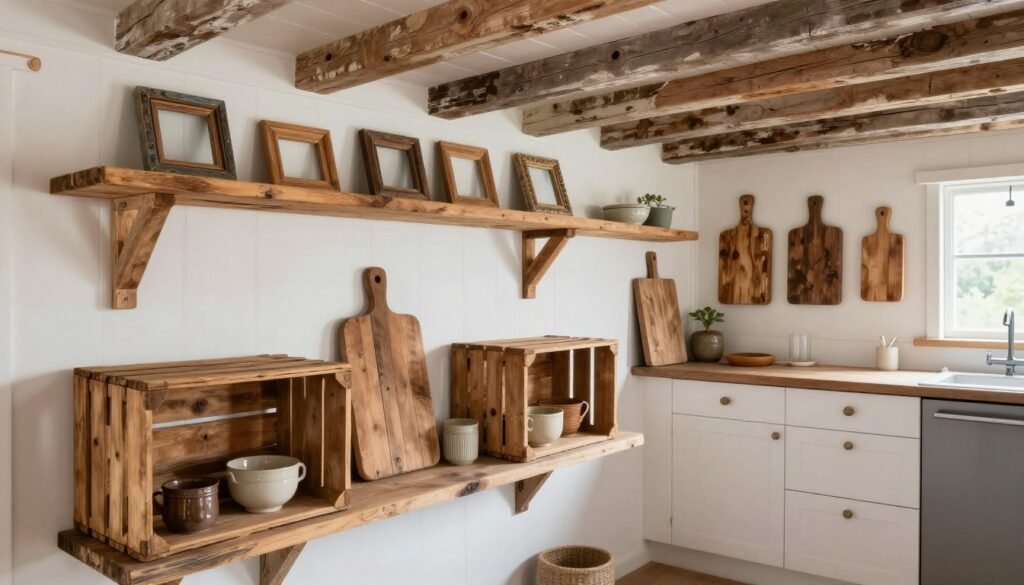 Tiny shabby chic home interior featuring reclaimed wood shelving, distressed wooden beams, vintage crates, and natural wood accents