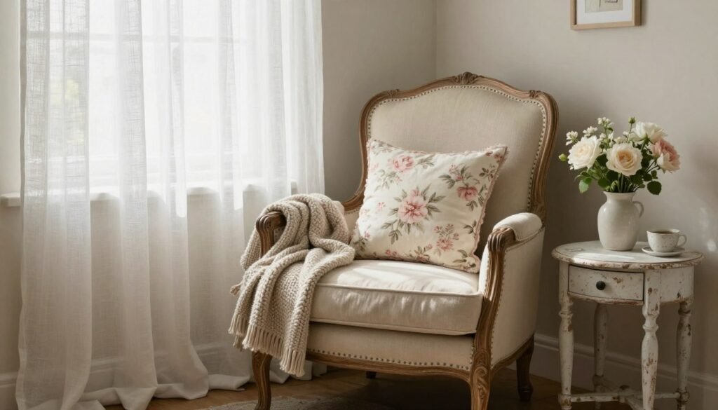 Tiny shabby chic living room with floral cushions, linen curtains, vintage armchair, and layered cosy textiles