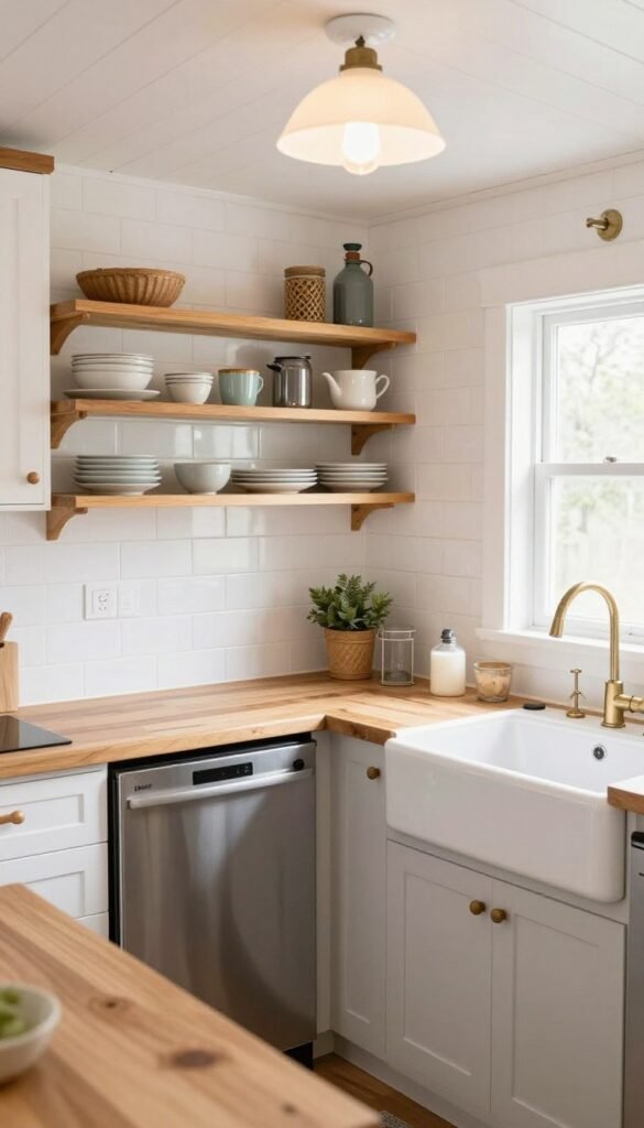 Compact shed conversion kitchen with butcher block worktops, open shelving, and space-saving appliances