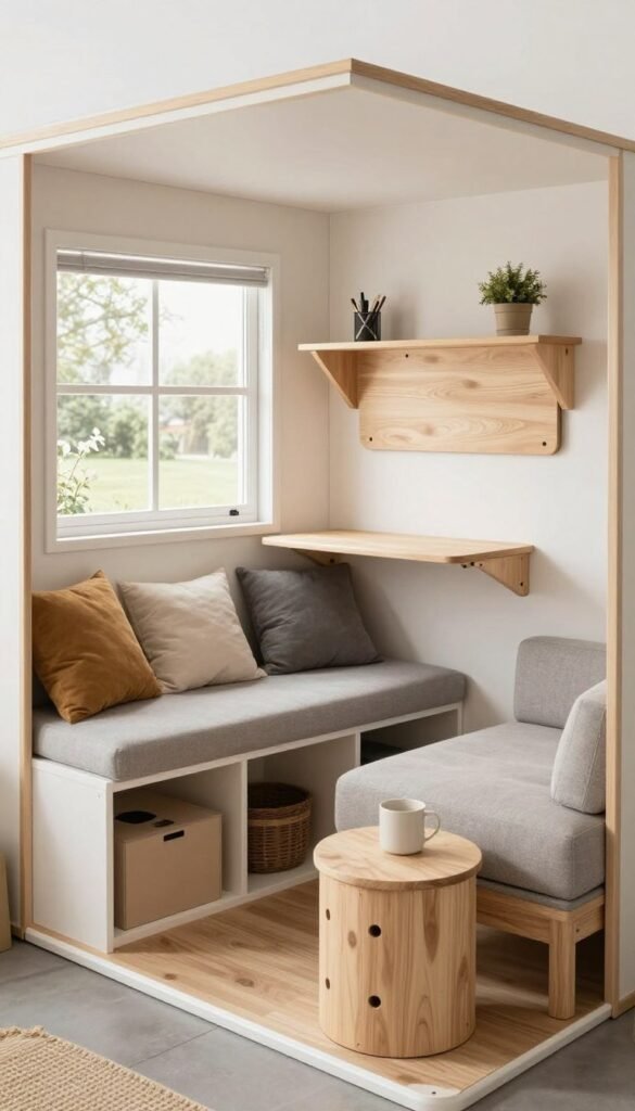Tiny shed home with multifunctional furniture including a storage bench, fold-out table, and compact sofa bed