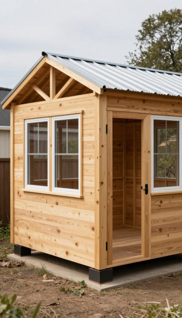 Well-built backyard wooden shed with solid framing ready for a tiny home conversion