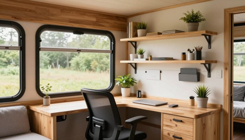 Well-organized tiny house home office with natural light, vertical storage solutions, ergonomic seating, and a clutter-free desktop