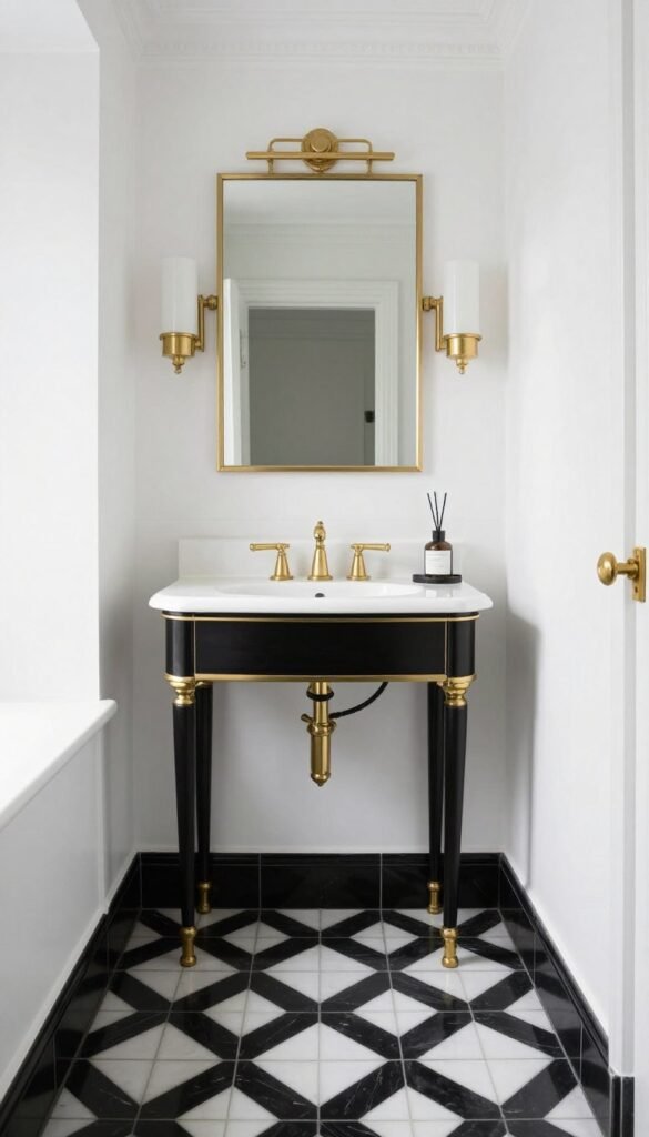 1920s Art Deco bathroom with geometric black and white floor tiles, white walls, brass fixtures, and vintage vanity