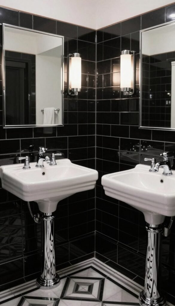 1920s inspired Art Deco bathroom with polished chrome fixtures, glossy black tile, white porcelain, and geometric flooring