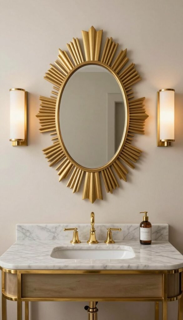 Art Deco bathroom vanity with large gold sunburst mirror, marble countertop, brass fixtures, and elegant wall sconces