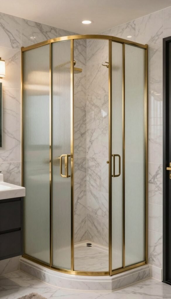 Art Deco bathroom with fluted glass shower screen, brass frame, marble tile, and elegant 1920s inspired details