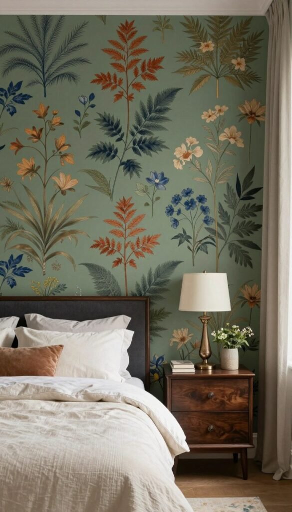 Arts Crafts Victorian wallpaper in a bedroom