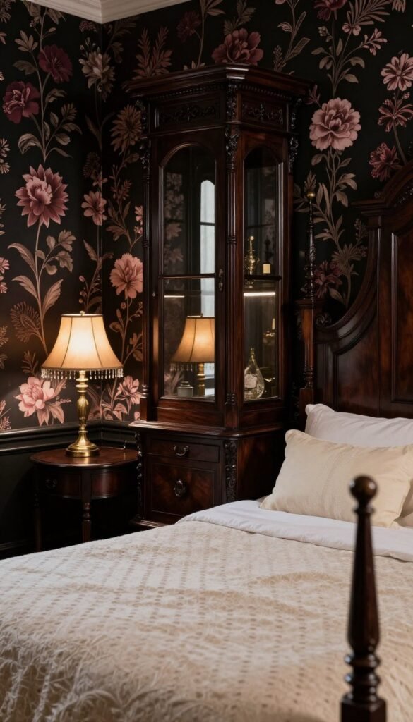 Black Victorian wallpaper bedroom with botanical pattern