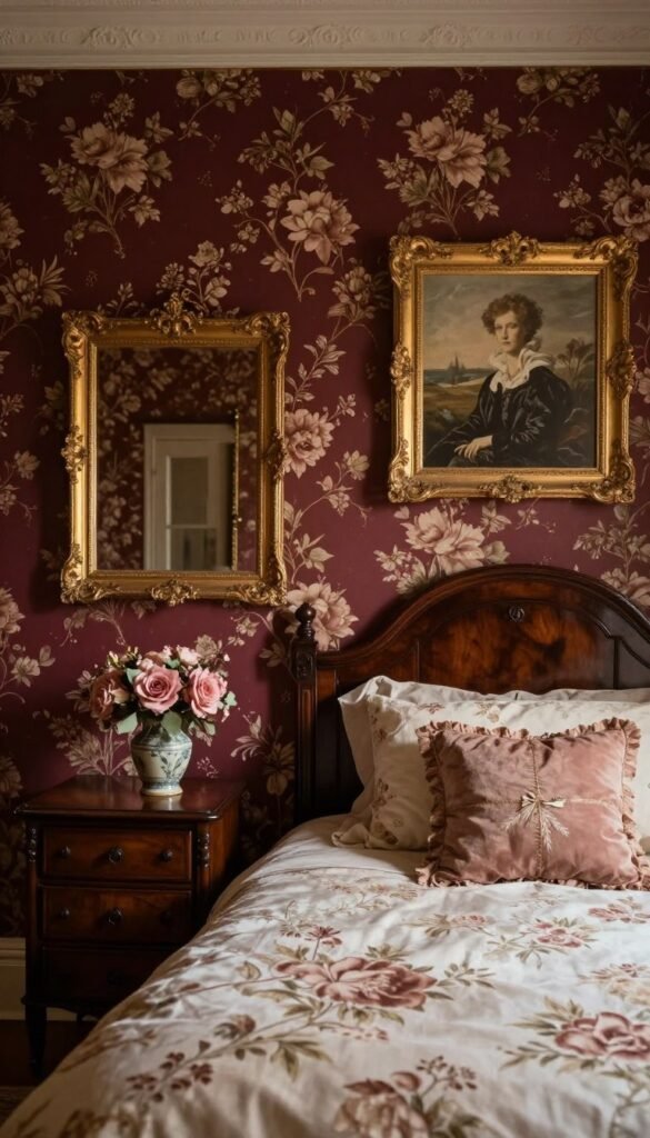 Burgundy floral wallpaper in a Victorian room