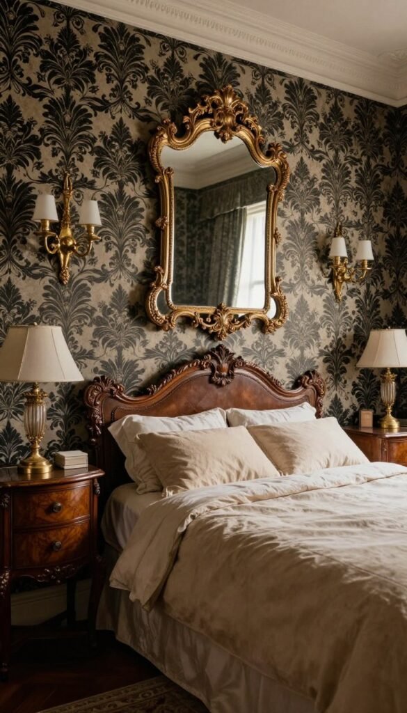 Classic damask wallpaper in a Victorian bedroom