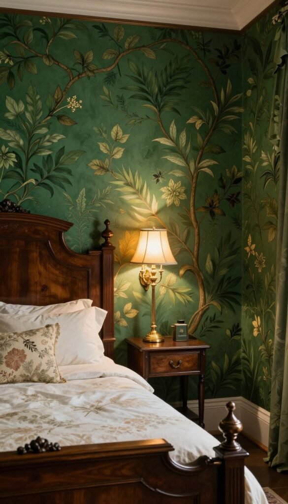 Deep green Victorian botanical wallpaper bedroom