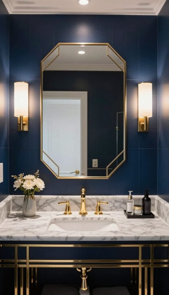 Elegant Art Deco bathroom with deep navy blue walls, gold fixtures, marble vanity, geometric mirror, and glamorous lighting
