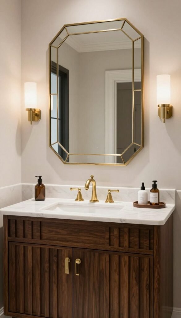Elegant Art Deco bathroom with fluted dark wood vanity, white marble countertop, brass faucet, and geometric mirror
