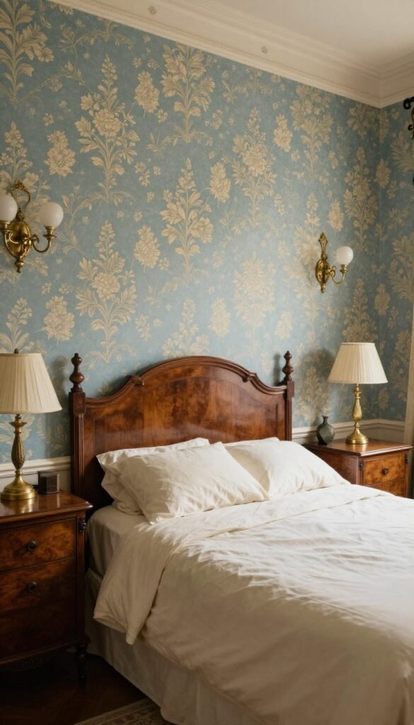 Faded blue Victorian bedroom wallpaper ideas