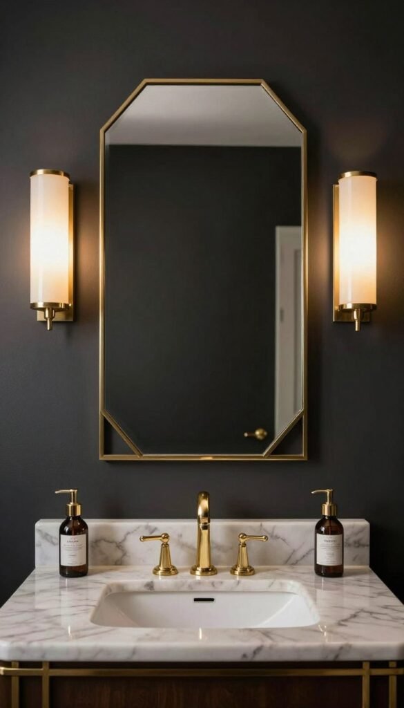 Glamorous Art Deco bathroom vanity with symmetrical opal glass sconces, brass details, geometric mirror, and dark walls