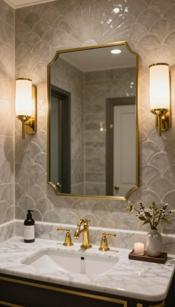 Glamorous Art Deco bathroom with fan shaped scallop tiles, brass fixtures, marble vanity, and vintage inspired lighting