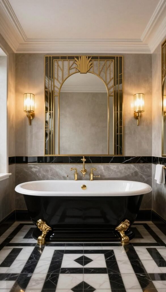 Glamorous Art Deco bathroom with freestanding bathtub, geometric black and white floor, brass fixtures, and 1920s inspired wall sconces