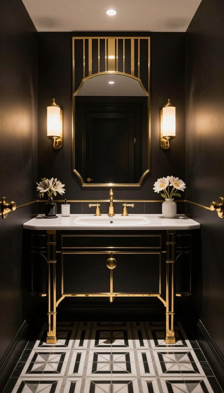 Glamorous 1920s inspired Art Deco bathroom with black walls, gold fixtures, geometric tile, and elegant vintage lighting.
