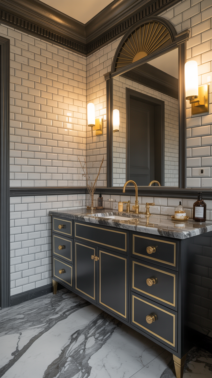 Timeless Art Deco bathroom with black vanity, white tile, brass fixtures, marble surfaces and geometric details.
