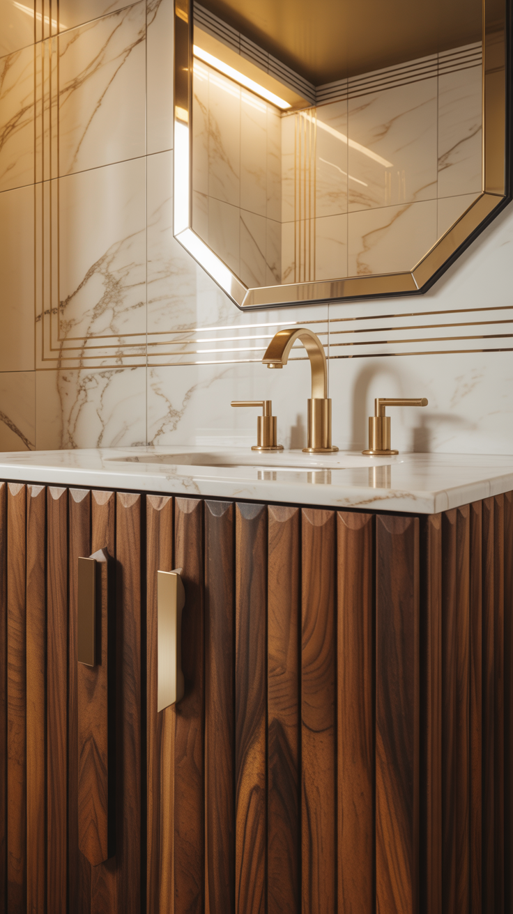 Luxury Art Deco bathroom with fluted walnut vanity, white marble countertop, brushed brass fixtures and geometric mirror.
