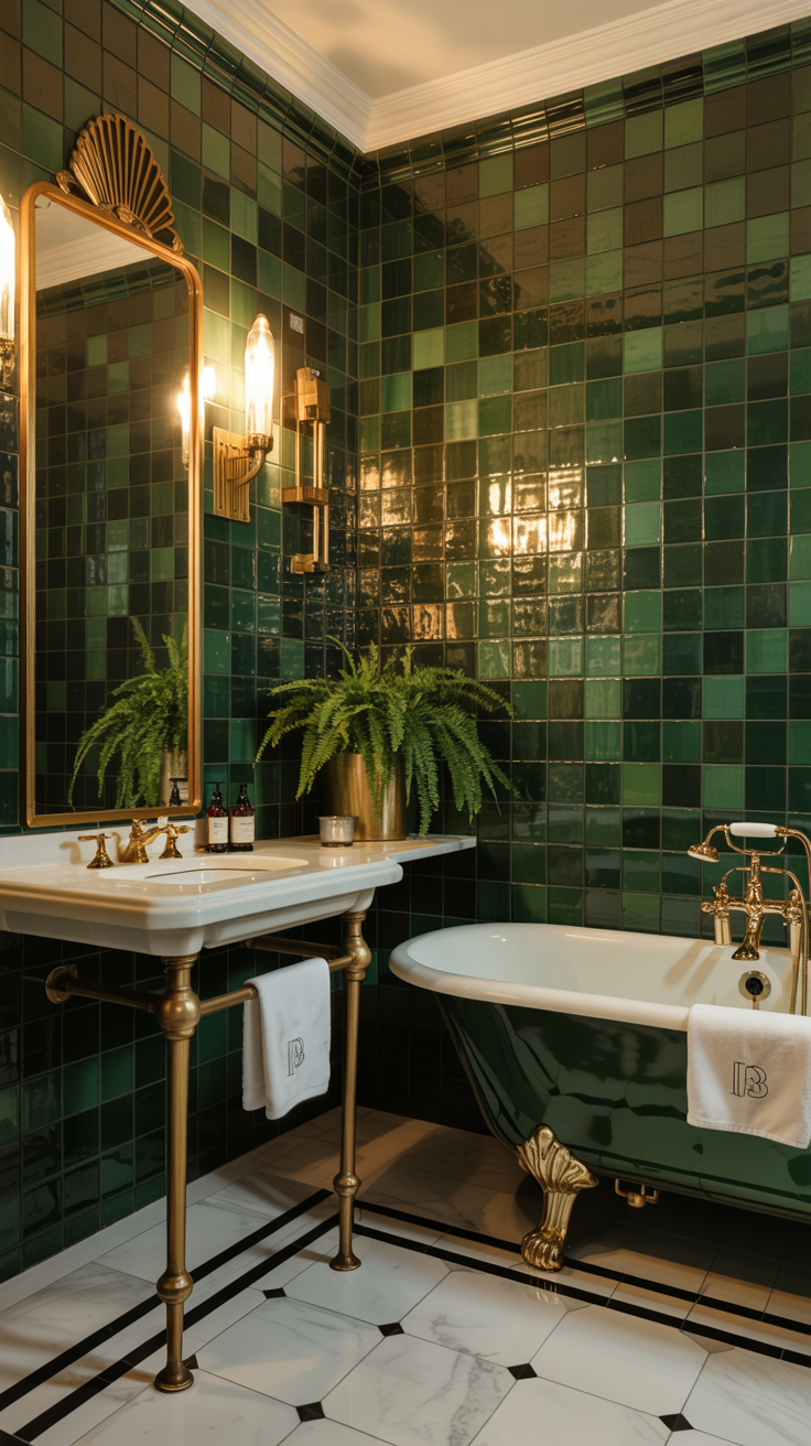 Glamorous emerald green Art Deco bathroom with glossy tiles, brass fixtures, white marble and vintage inspired lighting.