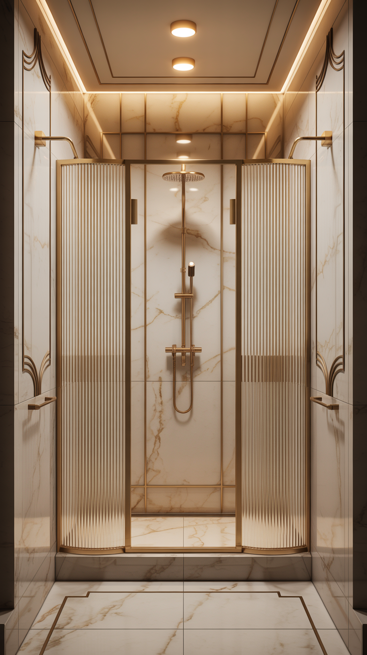 Modern Art Deco bathroom with fluted glass shower screen, slim brass frame, marble surfaces and elegant fixtures.
