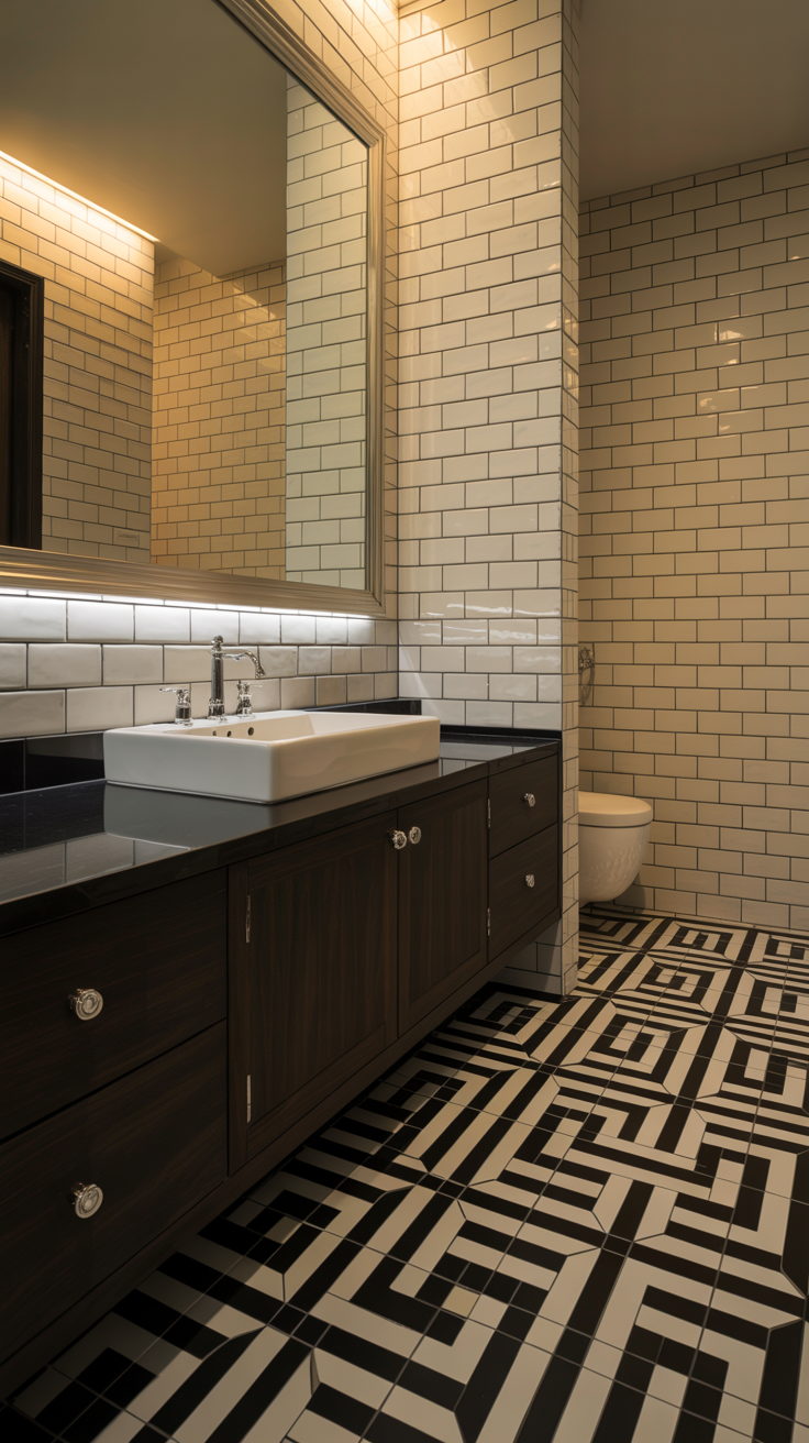 Art Deco bathroom with bold black and white geometric floor tiles, simple white walls, dark vanity and polished fixtures.