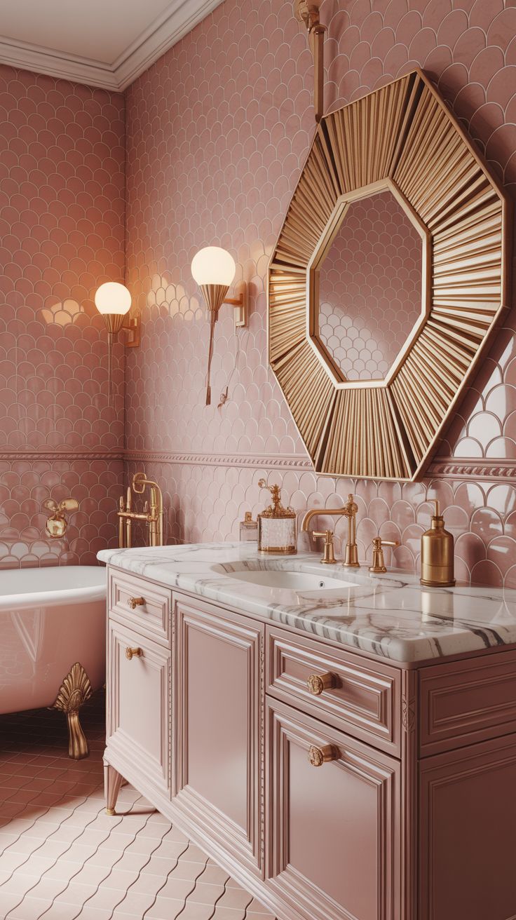 Soft blush pink Art Deco bathroom with gold fixtures, scalloped tile, marble vanity and glamorous geometric mirror.