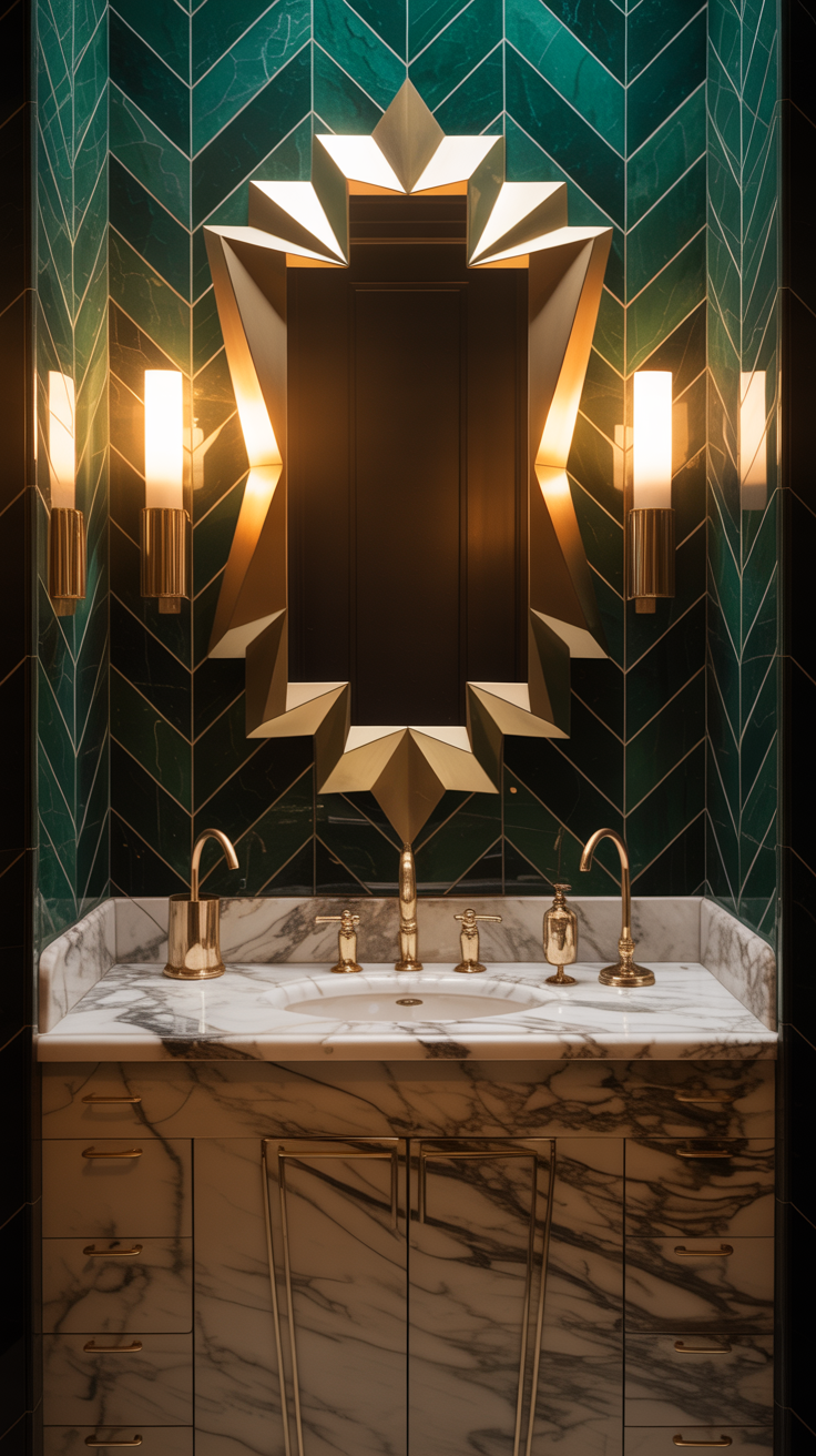 Elegant Art Deco bathroom with sculptural geometric mirror, marble vanity, brass fixtures and symmetrical wall sconces.