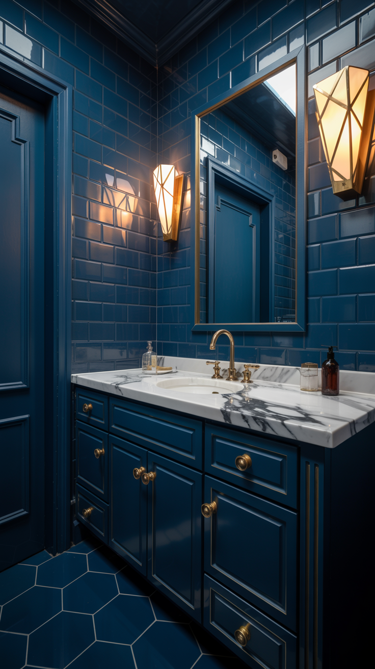Timeless navy Art Deco bathroom with brass fixtures, white marble vanity and elegant geometric lighting.