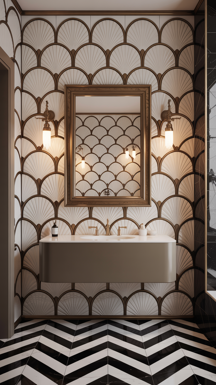 Art Deco bathroom with scalloped fan shaped wall tiles, floating vanity, brass fixtures and elegant vintage inspired details.