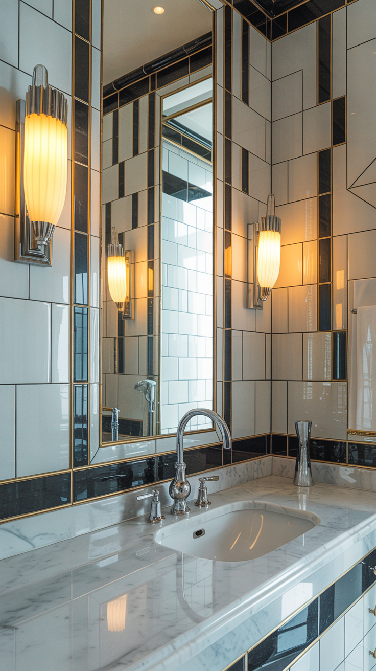 Bright Art Deco bathroom with polished chrome fixtures, white marble, glossy tile and elegant hotel inspired lighting.