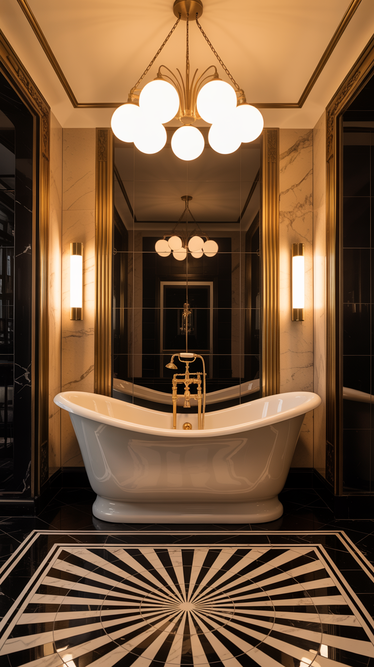 Luxury Art Deco bathroom with streamlined freestanding bathtub, geometric black and white flooring, brass fixtures and statement lighting.