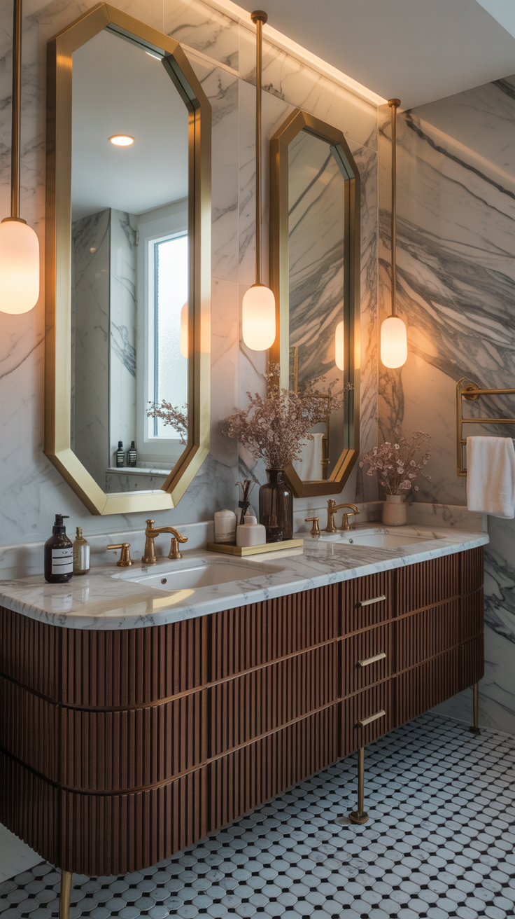 Modern Art Deco spa bathroom with fluted walnut vanity, marble surfaces, brass fixtures, geometric mirrors and warm layered lighting.