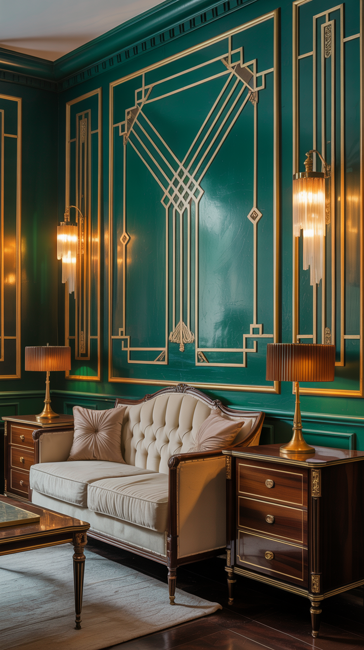 Luxurious emerald green Art Deco statement wall with brass accents, cream furniture, dark wood, and elegant lighting.