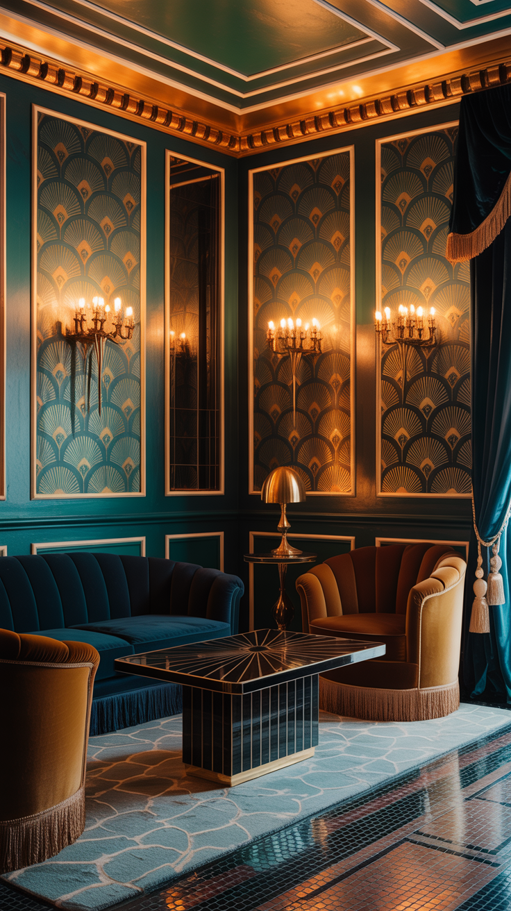 Elegant Art Deco room with fan pattern wallpaper, brass lighting, velvet furniture, and sophisticated 1920s inspired styling.