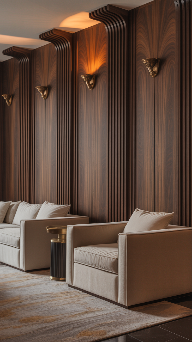 Sophisticated Art Deco room with fluted dark wood wall panels, brass lighting, neutral furniture, and elegant modern styling.