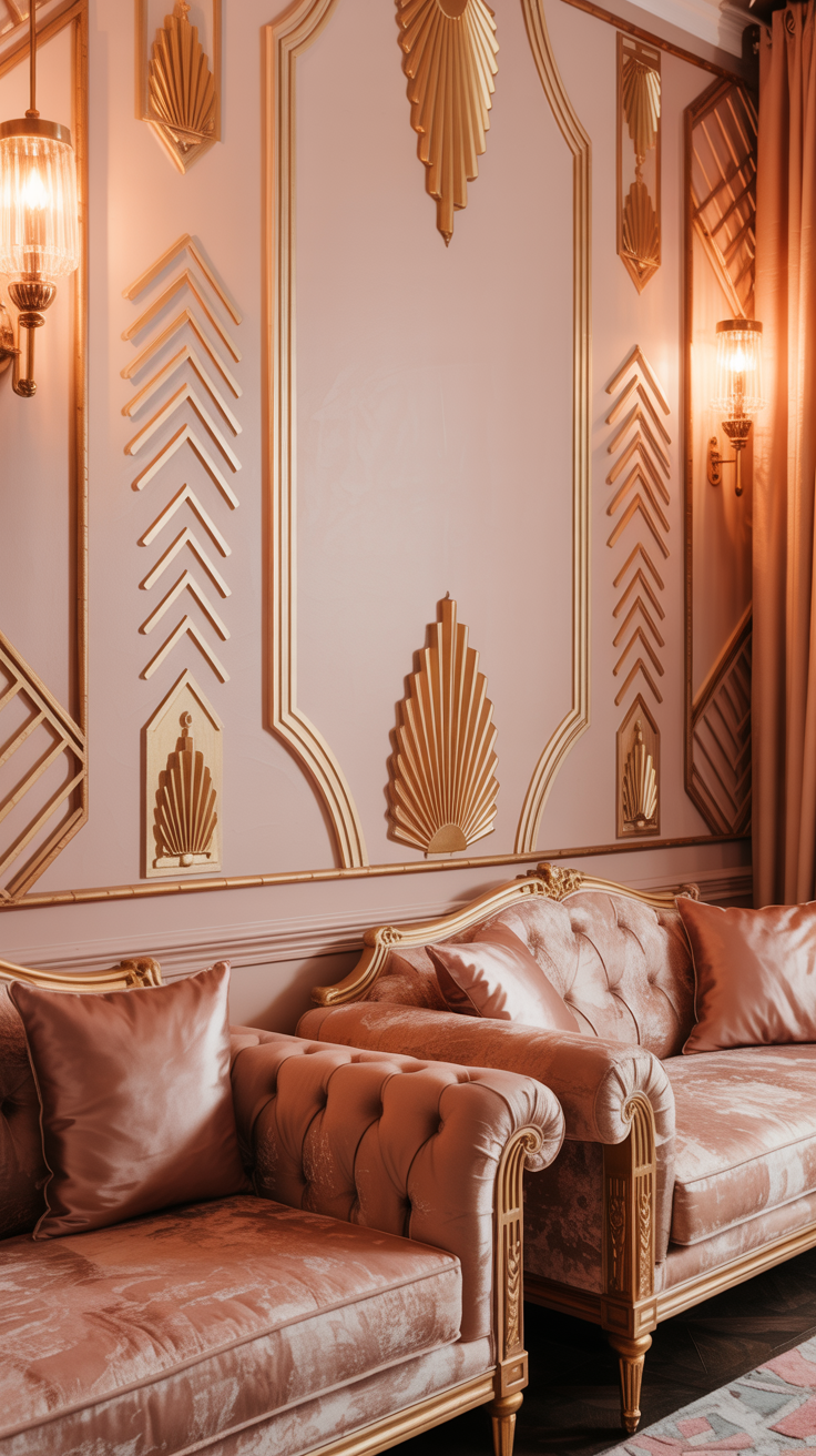 Soft blush pink Art Deco wall with elegant gold geometric details, velvet furniture, and glamorous warm lighting.