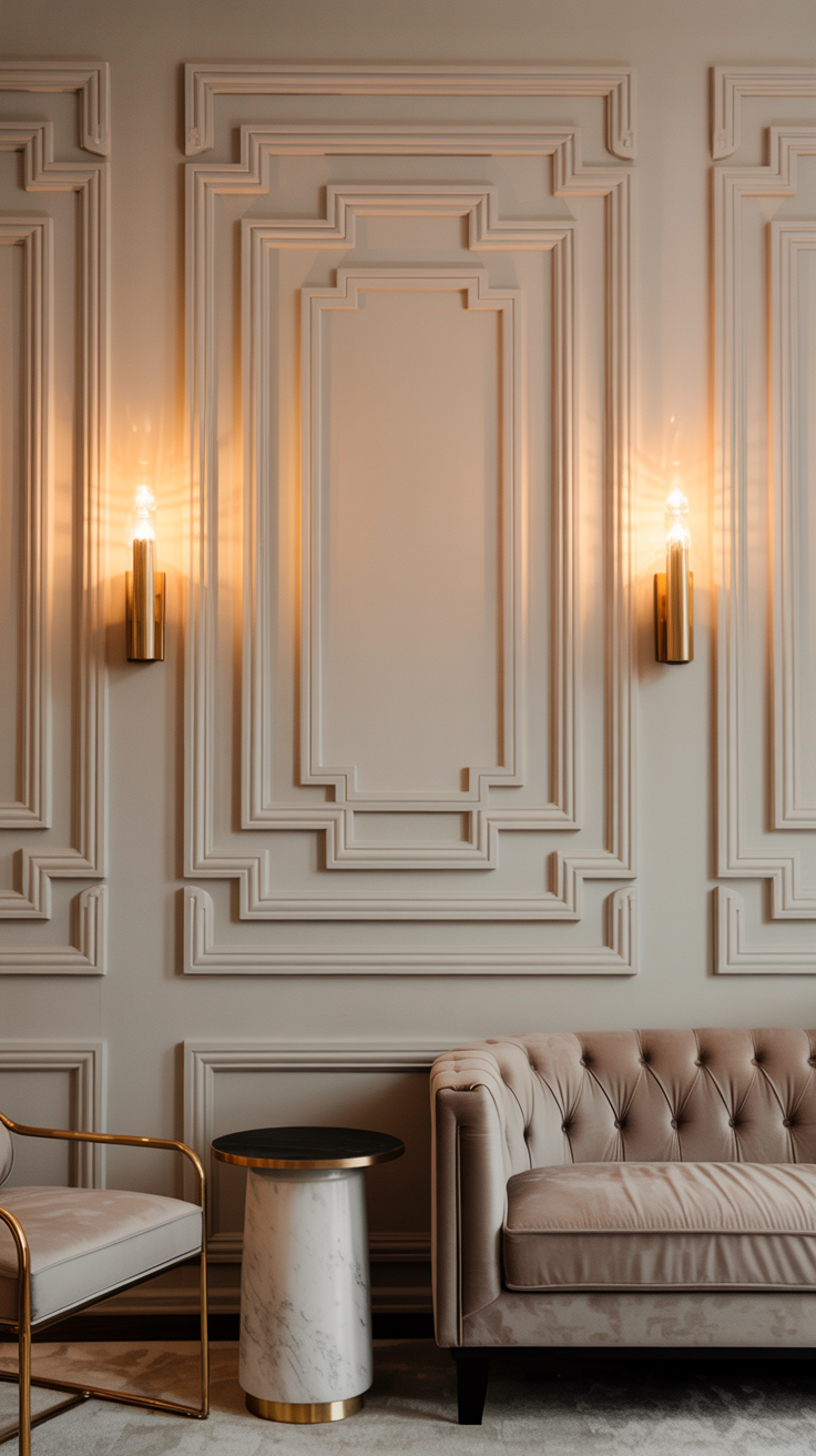 Elegant Art Deco wall with geometric moulding, warm neutral paint, brass lighting, and sophisticated contemporary furniture.