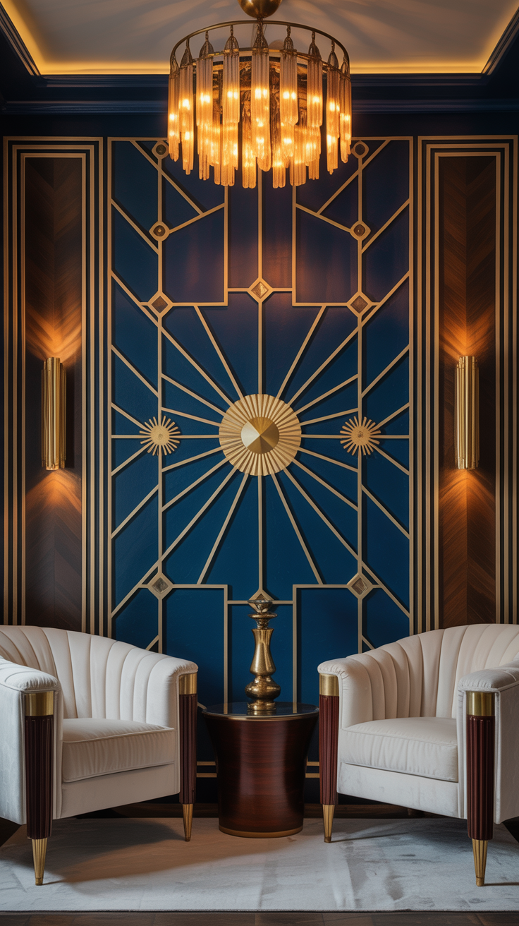Dramatic navy blue Art Deco feature wall with brass details, cream furniture, dark wood, and glamorous lighting.