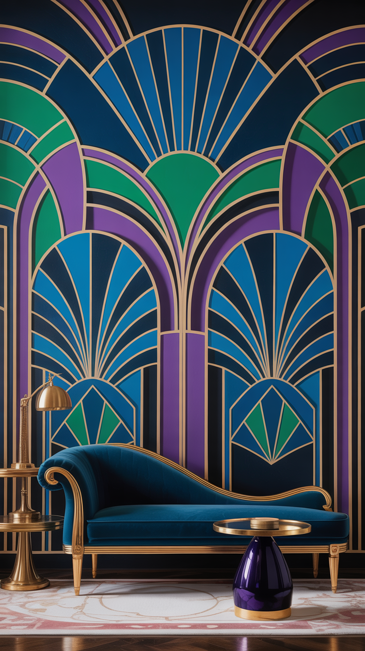 Showstopping Art Deco wall mural with sweeping geometric shapes, rich jewel tones, metallic accents, and elegant furniture.