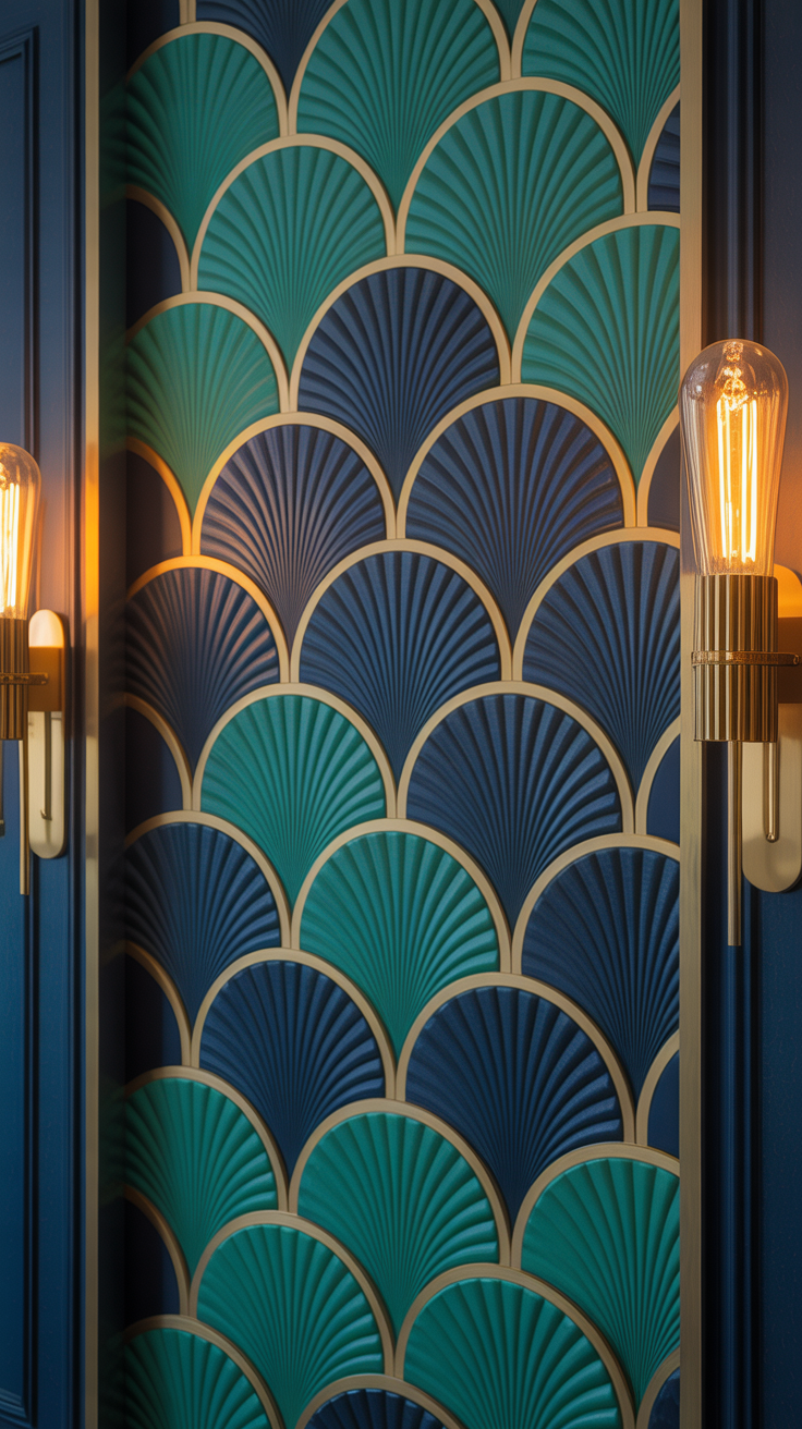 Glamorous Art Deco feature wall with layered scalloped fan shaped panels, rich paint colour, brass accents, and elegant lighting.