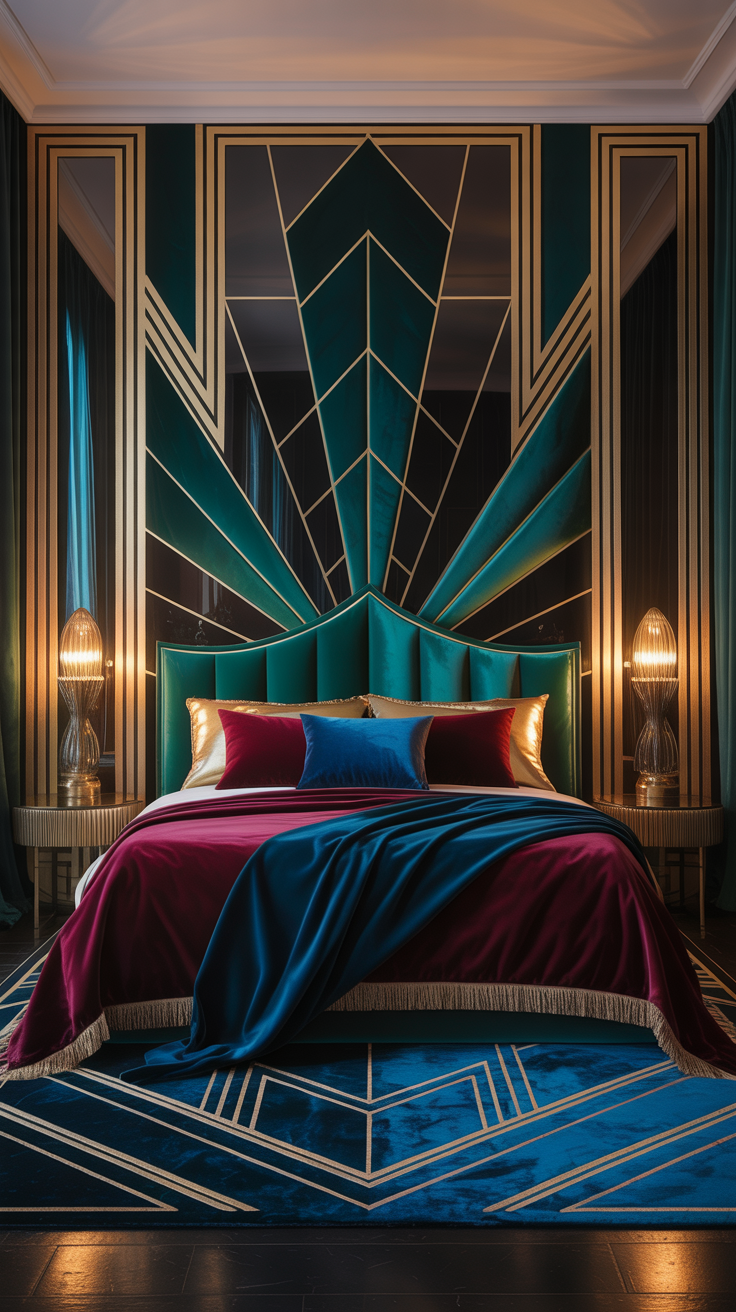 Glamorous Art Deco bedroom with dramatic geometric feature wall behind the bed, velvet bedding, brass lighting, and rich jewel tones.