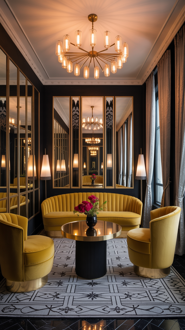 Luxurious Art Deco room with antique mirrored wall panels, slim brass framing, velvet furniture, and glamorous Old Hollywood styling.