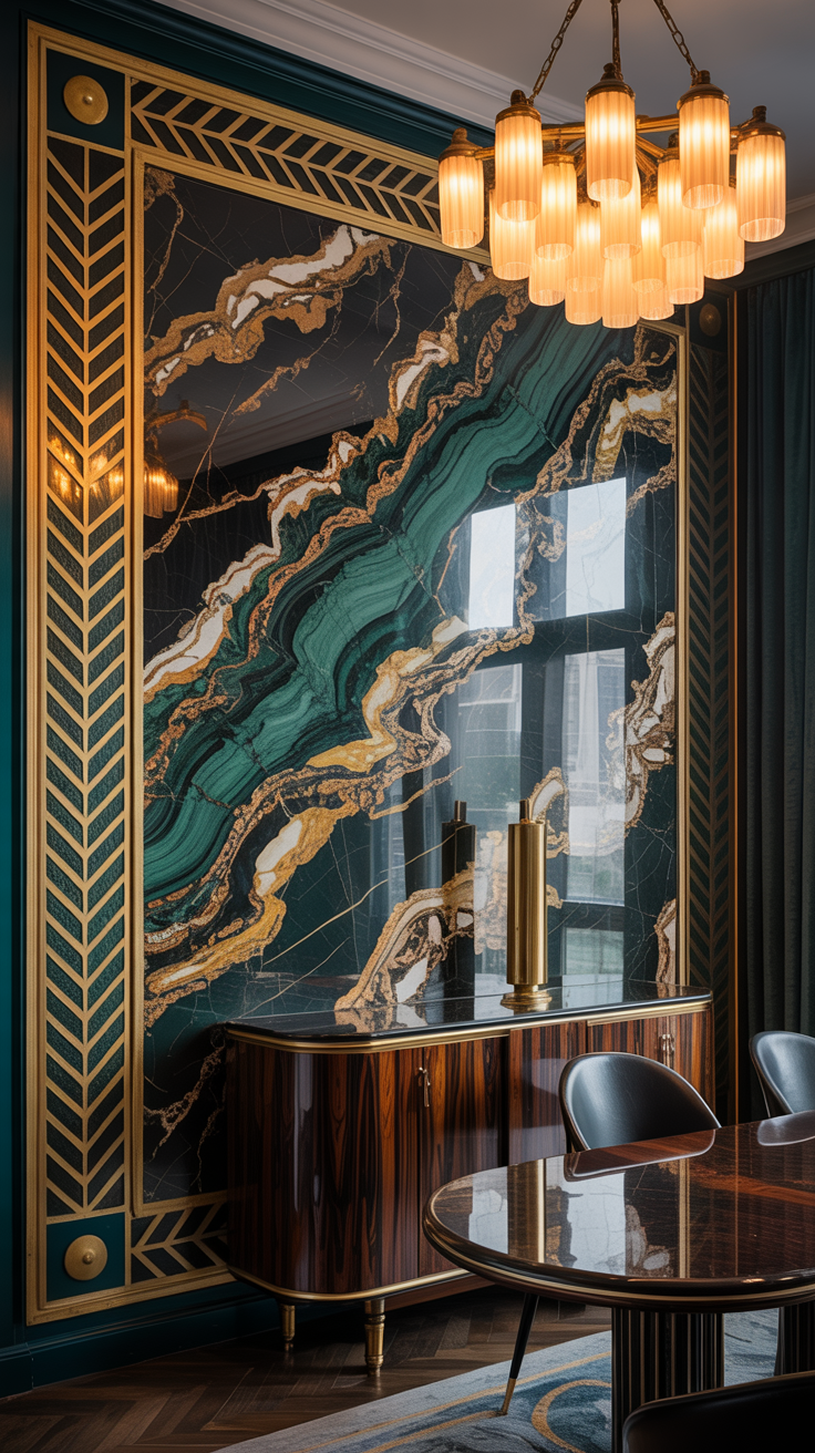 Luxurious Art Deco marble feature wall with dramatic veining, brass accents, dark wood furniture, and elegant statement lighting.
