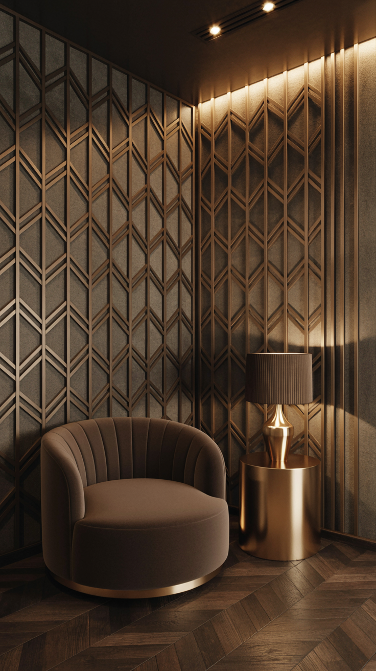 Elegant Art Deco room with metallic geometric wallpaper, warm gold detailing, velvet furniture, and sophisticated ambient lighting.